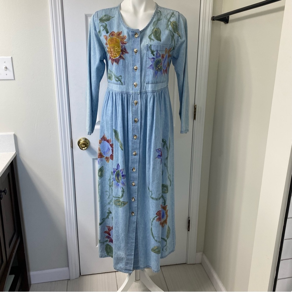 90’s Artsy Long Jean Dress Hand Painted Loose Fit Boho S/M Made USA